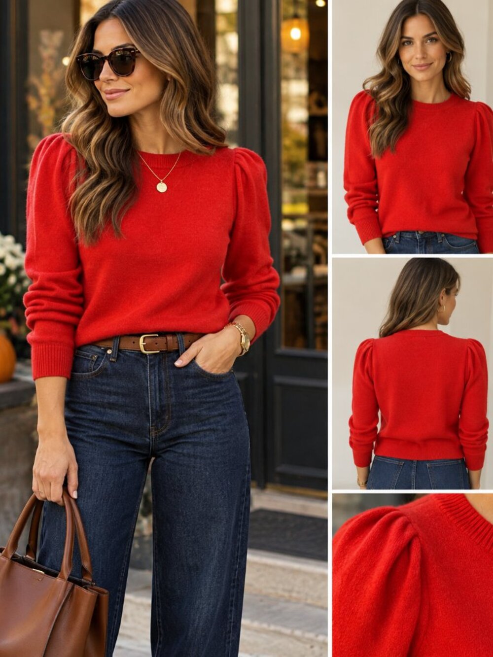 Caslon Red Puff Sleeve Wool Cashmere Blend Sweater S